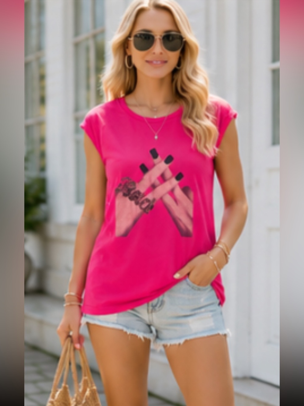 Pam & Gela Beaded Graphic Muscle Tee Pink Relaxed Fit Size L EUC